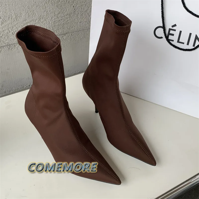 2023 New Spring Autumn Stretch Fabric Women Ankle Boots Sexy Party Pointed Toe High Heels Fashion Female Socks Pumps Shoes Black