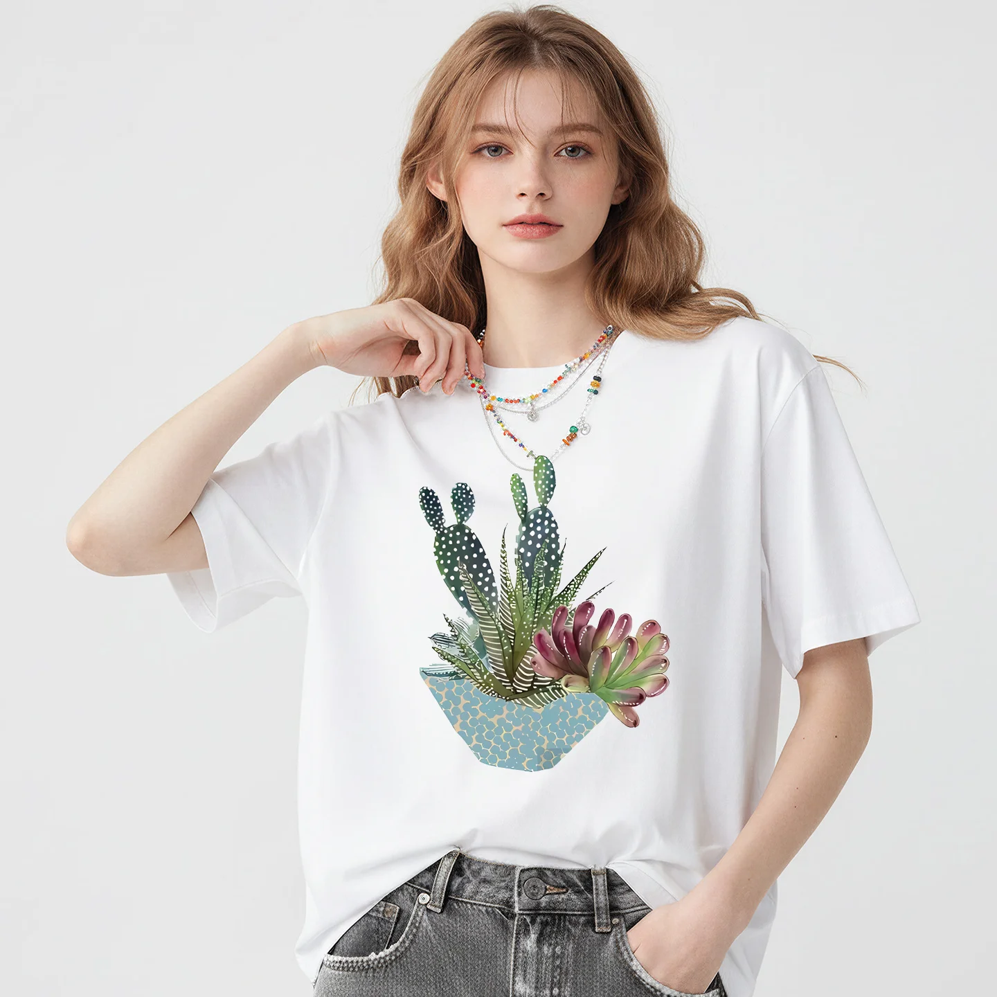 Parent Of Plant - Kaos Wanita Motif Kaktus Lengan Pendek,