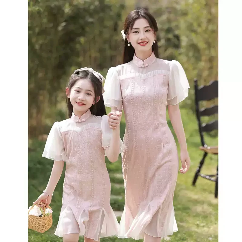 Girl clothes pink green mother and daughter dress Mother and daughter matching look family look family set clothes new in