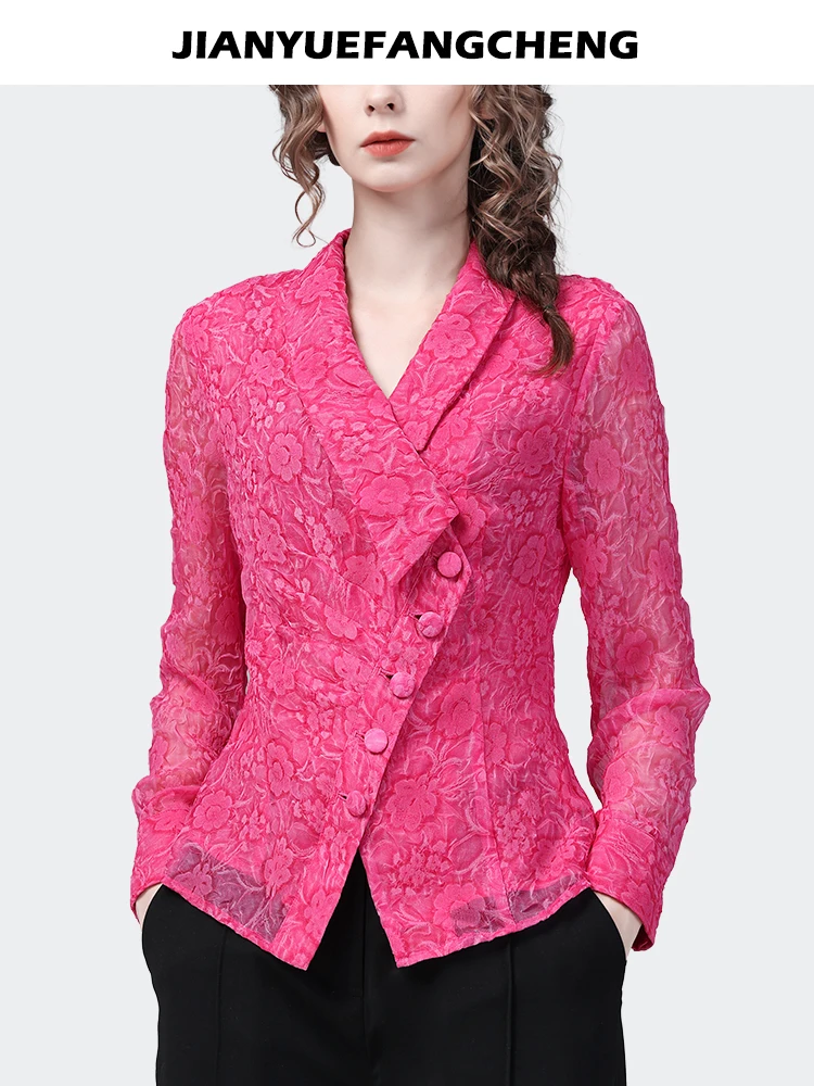 Fashion Magenta Floral Chiffon Blouse Women Spring Summer New Long Sleeve V-Neck Casual Shirt Irregular Button-down Ladies Top