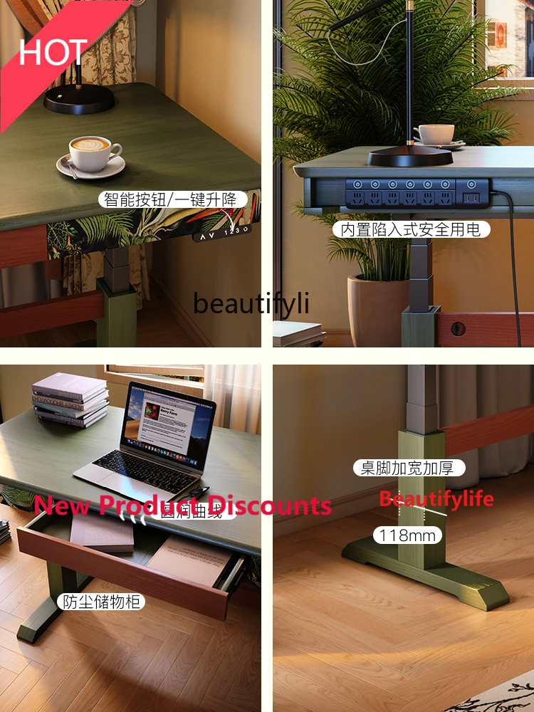 Electric Lift Desk French Retro Home Solid Wood Desk Vintage Style Computer Study Desk  hr