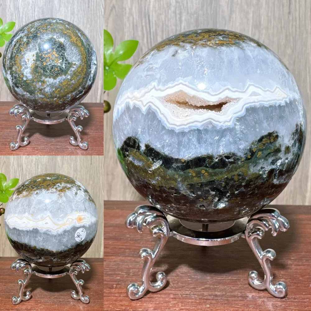 

1PC Natural Unique Stone Pretty Ocean Jasper Quartz Sphere Meditation Spirit Crystal Home Room Decoration Reiki Healing+Stand