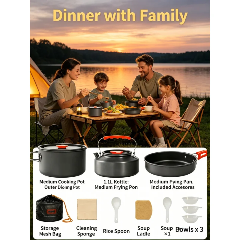 Camping Cookware Set – Outdoor Cooking Ultralight Aluminum Pot & Kettle, Portable Travel Tableware Set with Storage Bag