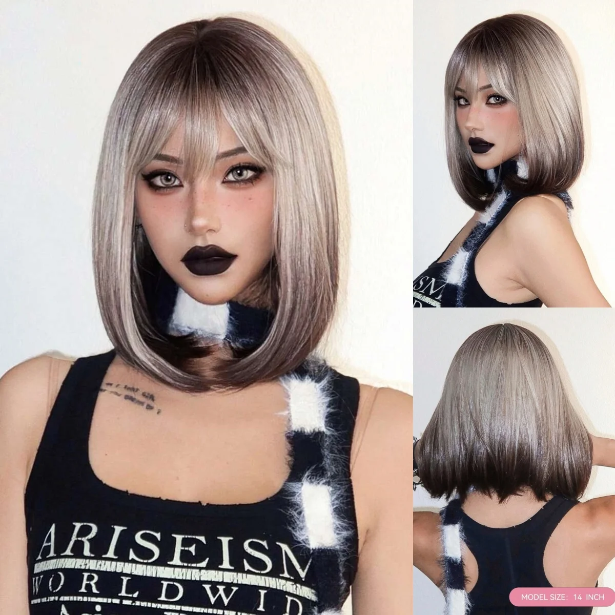 

Короткий прямой синтетический парик Testar для женщин, светло-серый, темно-коричневый, с градиентом и челкой, термостойкие искусственные волосы для косплея