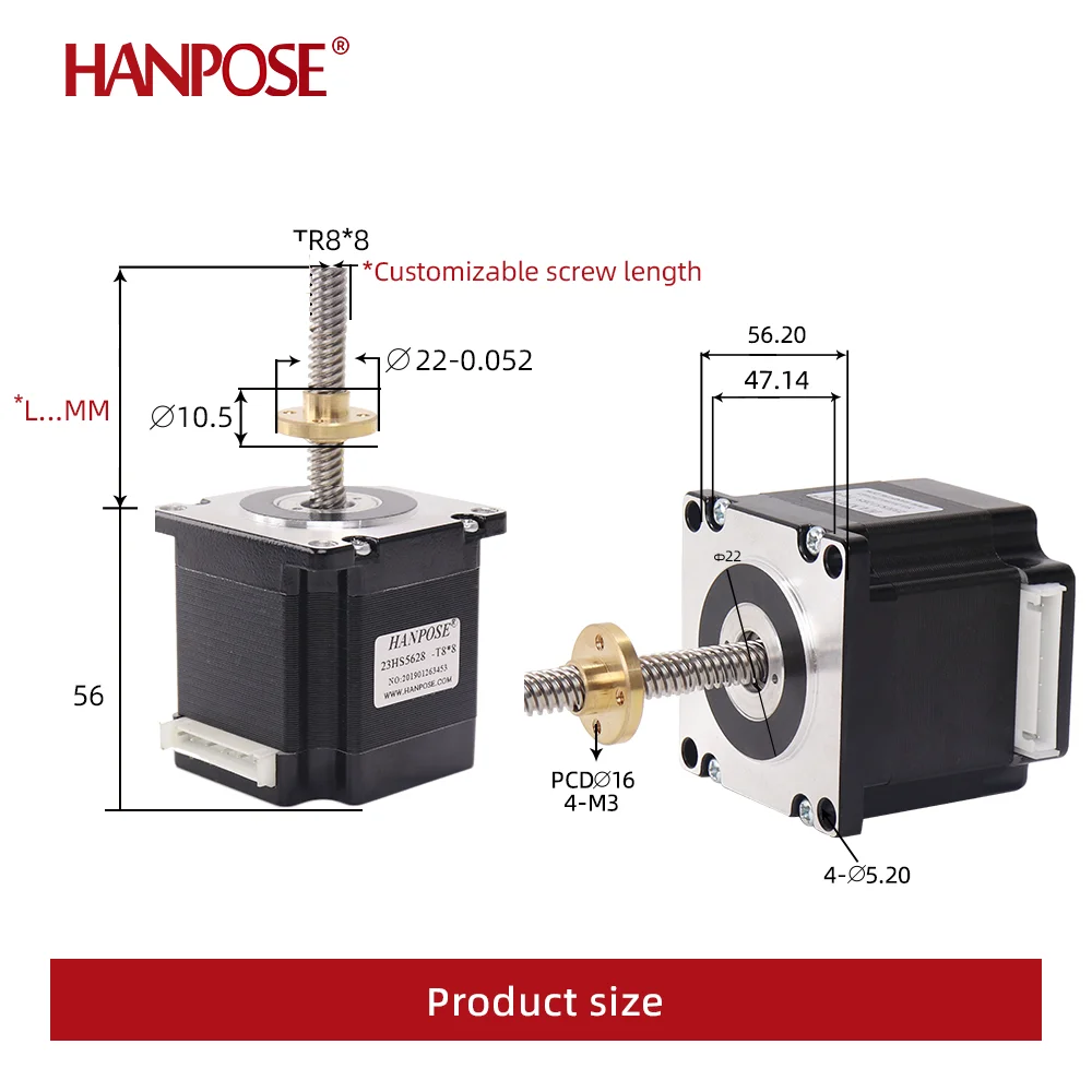 Nema23 screw Stepper Motor 165 Oz-in 56mm 2.8A 126N.CM 23HS5628-T8X8 L310 2/4/8 lead screw CNC Laser Grind Foam