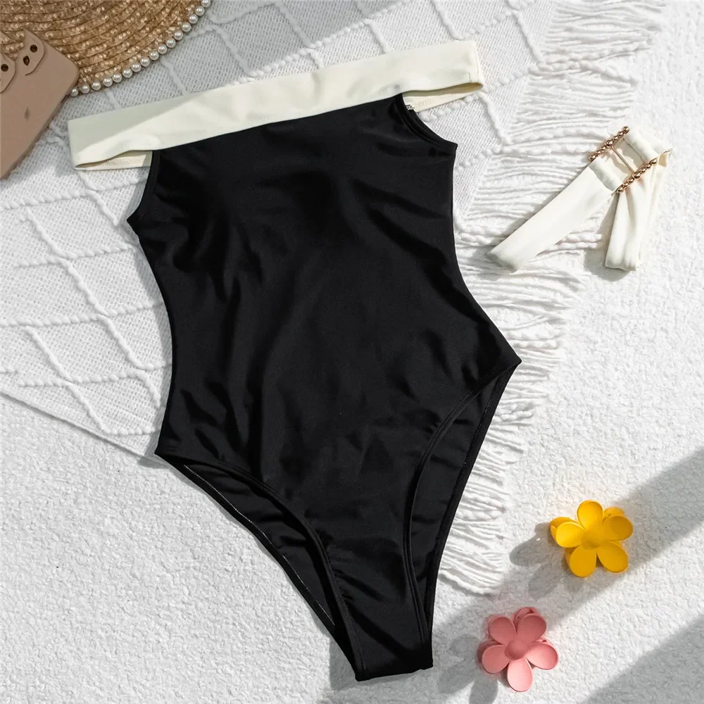 

Sexy Off Shoulder Swimsuit Women One Piece Black Swimwear 2025 Summer Metal Buckle Belt Swimming Wear High Cut Bathing Suit
