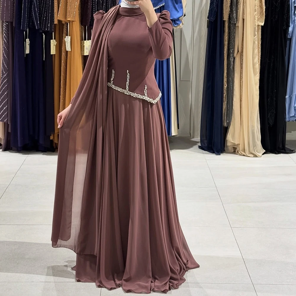 

Вечерние платья трапециевидной формы по индивидуальному заказу, длиной до пола, с высоким воротником и длинными рукавами, платье для выпускного вечера, модное простое драпированное вечернее платье с кристаллами