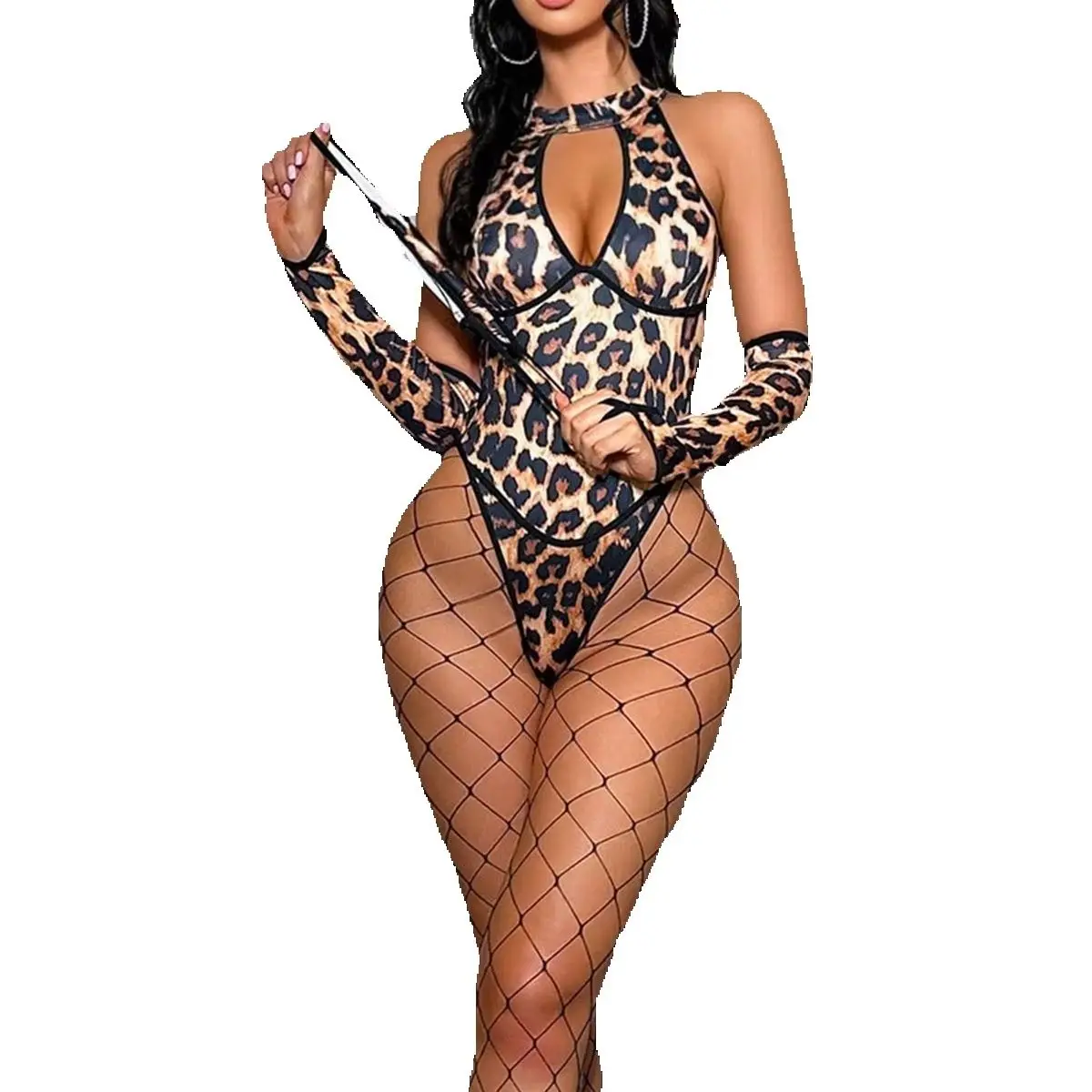 New Women's Sexy V-neck Roleplay Cat Lingerie Costumes Adult Lady Stylish Halter Leopard Bodysuit Hot High Cut Outfits