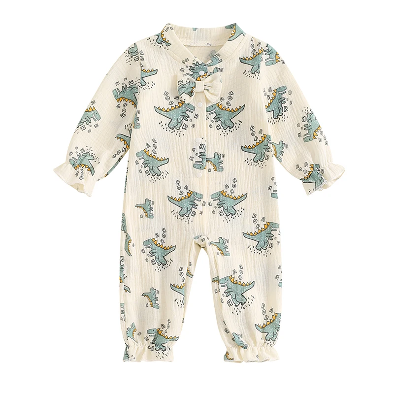 Infant Baby Boy Girl Cotton Cute Dinosaur Print Ruffle Bow-tie Long Sleeve Elastic Outfit Clothes Pullover Bodysuit Romper