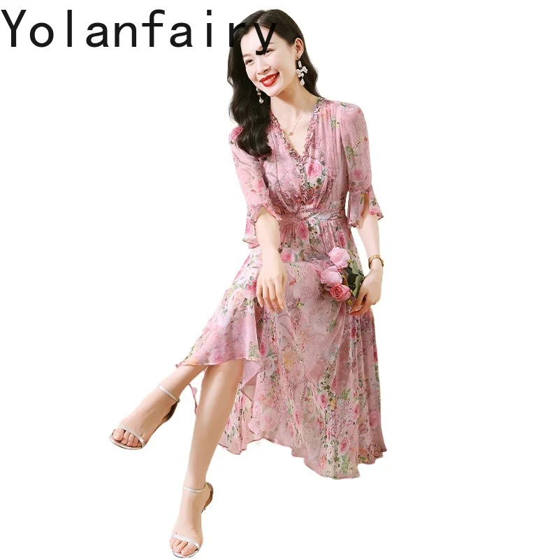 YOLANFAIRY 100% فساتين حرير التوت الأصلية فستان نسائي صيفي أنيق فاخر عالي الجودة فستان شاطئ ملابس نسائية رداء