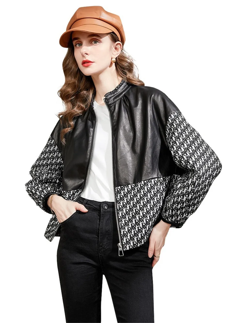 

Short PU Leather Coat for Women, Printed Panel, Casual and Versatile, Spring and Autumn, New Fashion, 2023