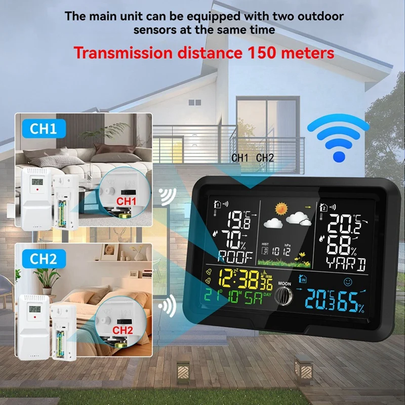 One-To-Two Weather Clock Indoor And Outdoor Thermometer And Hygrometer Wireless Multi-Function Weather Station EU Plug