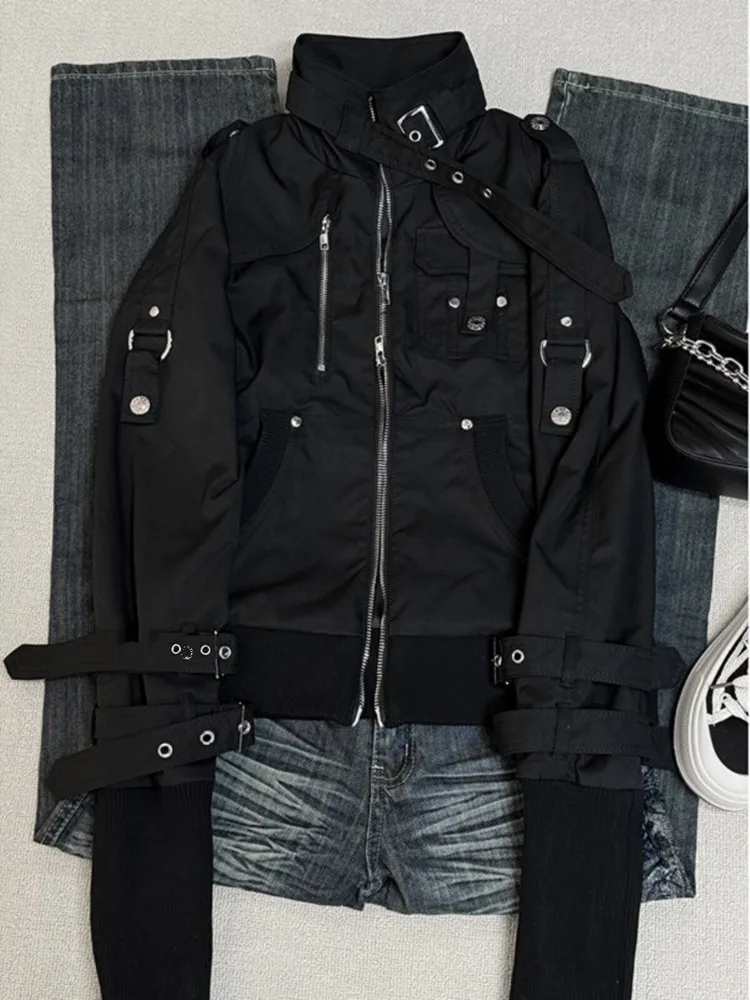 Women American Retro Biker Jacket Autumn Gothic Vintage Metal Buckle Design Slim Coat Y2K Harajuku Long Sleeve Zip Outerwear New