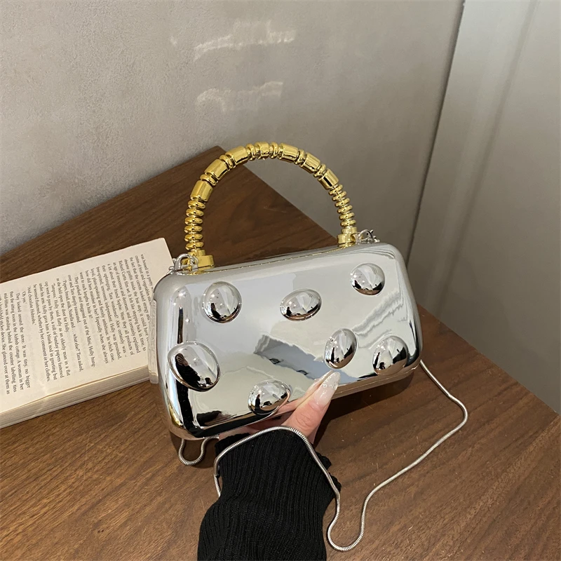 

Y2K Aesthetic Gold Metallic Tote Bag, Luxury Mirror Shoulder Handbag Metal Handle Party Clutch for Women, 2025 New Fashion Bag