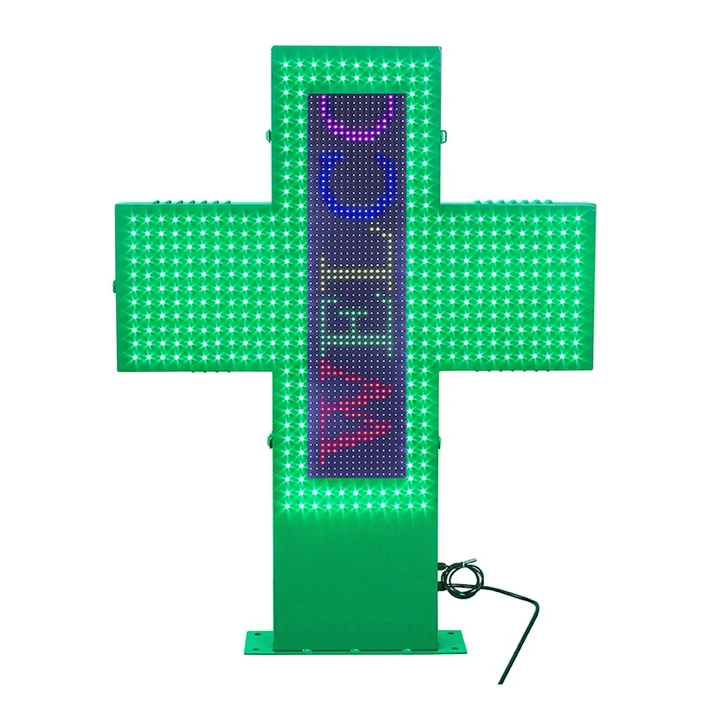 

P5 LED pharmacy cross sign outdoor green 80x80cm cross with full-color display time and temperature screen