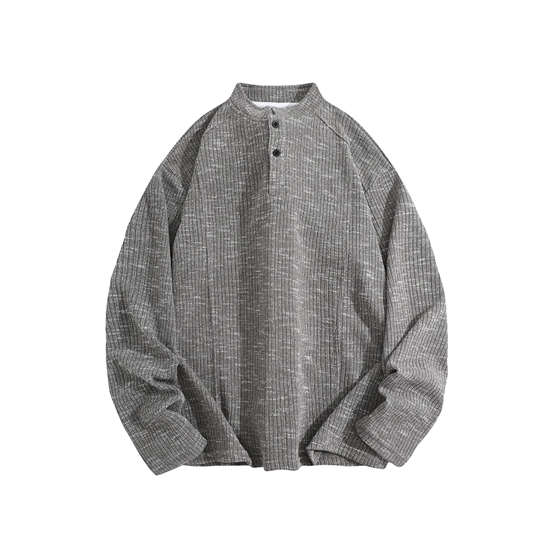 

300 г тяжелая футболка с длинными рукавами и вырезом на пуговицах — серый (черный/бордовый/кофейный), дизайн в звездную полоску ​