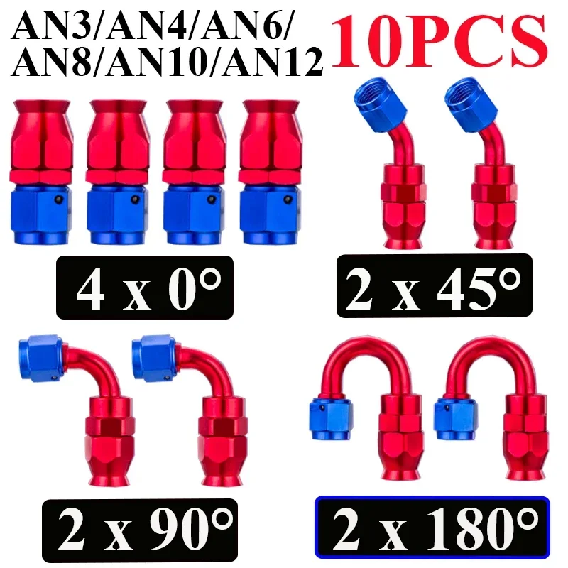 

10Pcs AN3 AN4 AN6 AN8 AN10 AN12 Straight 0 45 90 180 Degree Reusable Hose End Fittings Adapter For Swivel PTFE E85 Oil Fuel Line