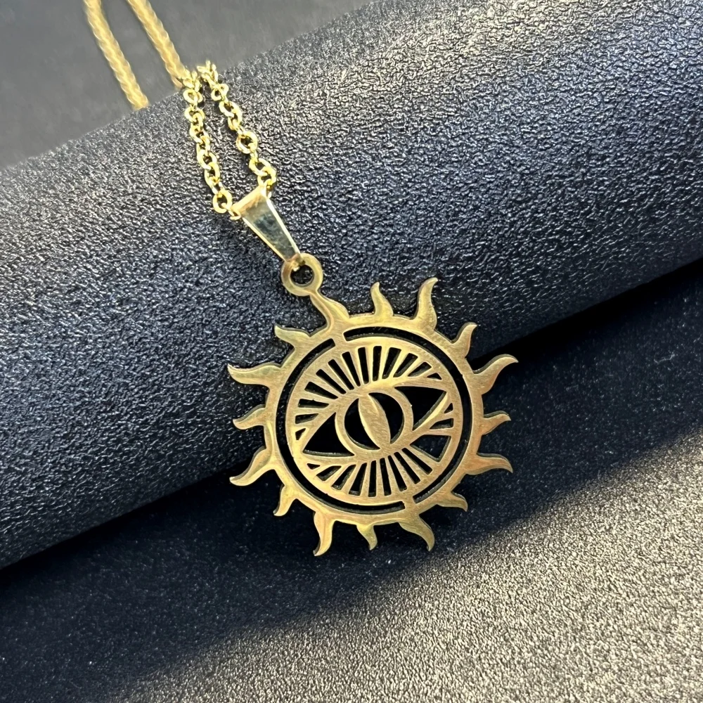 Sunburst Evil Eye Pendant Necklace For Women Stainless Steel Sunshine Sun Rays Evil Eye Charm Necklaces