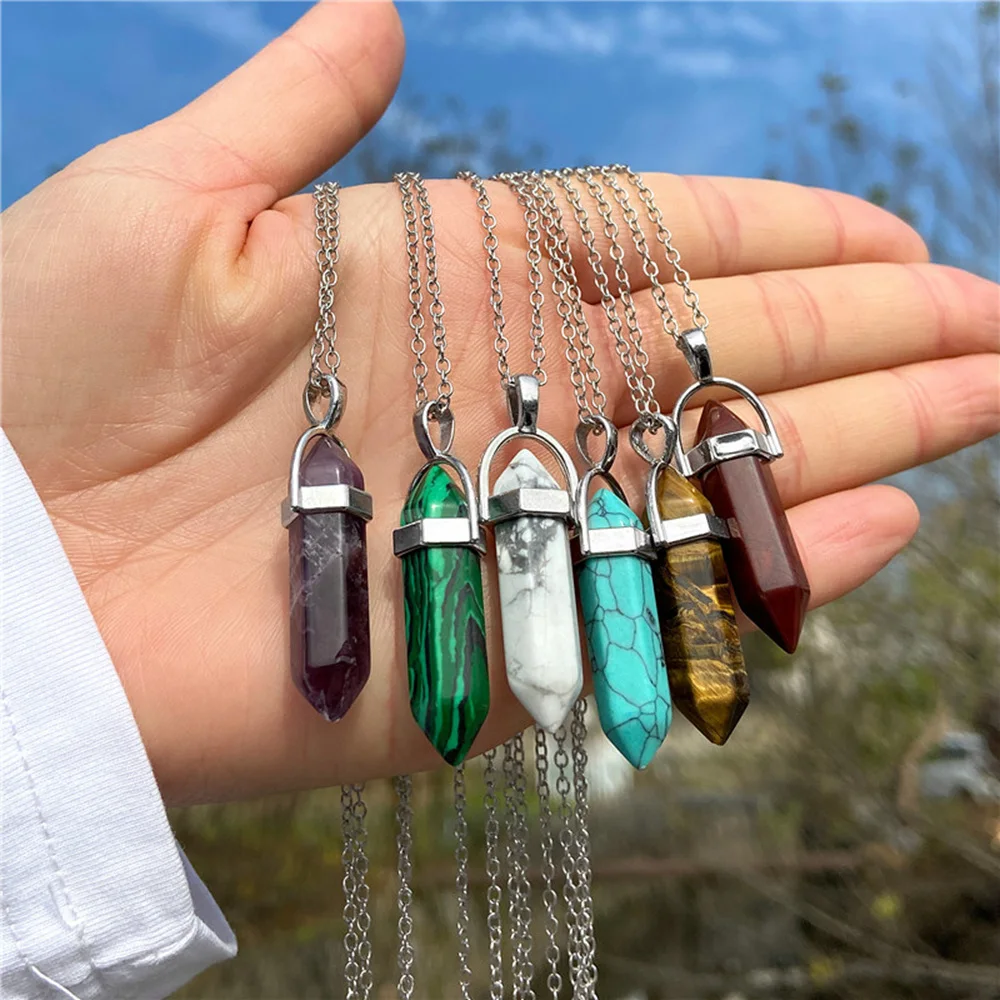 Hexagonal Column Stone Charm Necklace Natural Redstone Amethysts Gem Pendent Necklace Silver Color Chain Choker Healing Gift