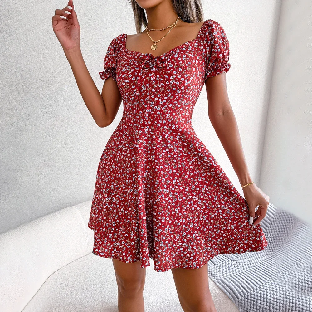 Mini abito da donna Boho stampato floreale con scollo quadrato Drwastring A-Lined Summer Ladies Holiday Prairie Chic Sundress Taglia S-XL