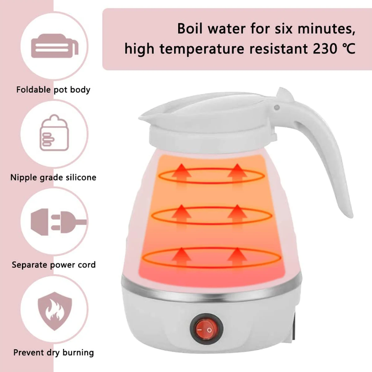 Outdoor Foldable Kettle 600ML Portable Silicone Kettle Collapsible Water Heater with Separable Power Cord forHikingCampingPicnic