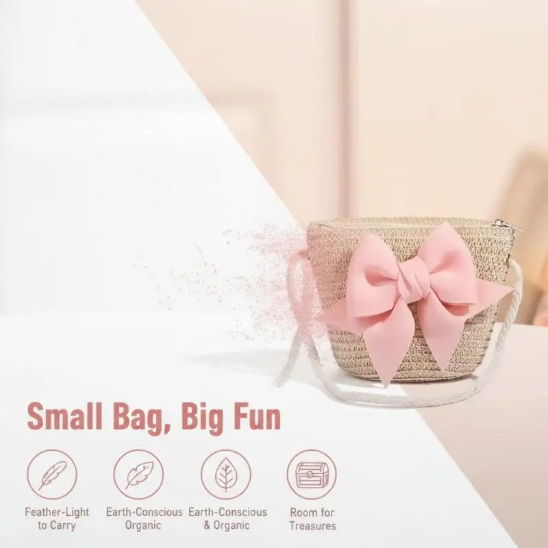 Mini Woven Straw Crossbody Bag for Baby Girls Cute Bow Decor Lightweight Shoulder Bag for Kids Outdoor Shopping