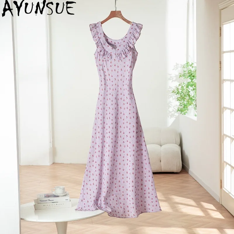 AYUNSUE 100% Silk Women's Casual Dresses Sleeveless Dresses for Woman Summer Beach Dress 2026 Woman Clothes High Quality Vestido
