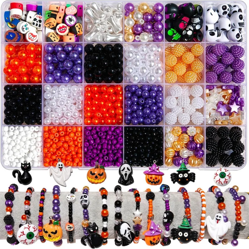 Halloween Mixed Bead Box, Purple Orange Black Beads & Cartoon Charms, DIY Bracelet Kit for Handmade Jewelry Pendant