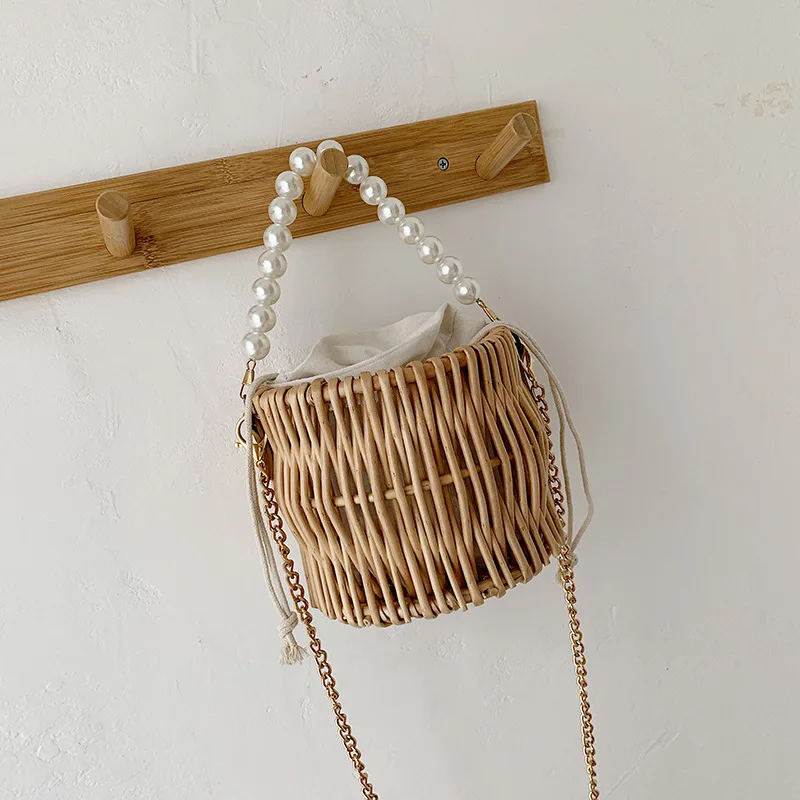 Straw Crossbody Tote Bags for Women Rattan Woven Purses and Handbags Ladies Pearl Beach Shoulder Hand Bag