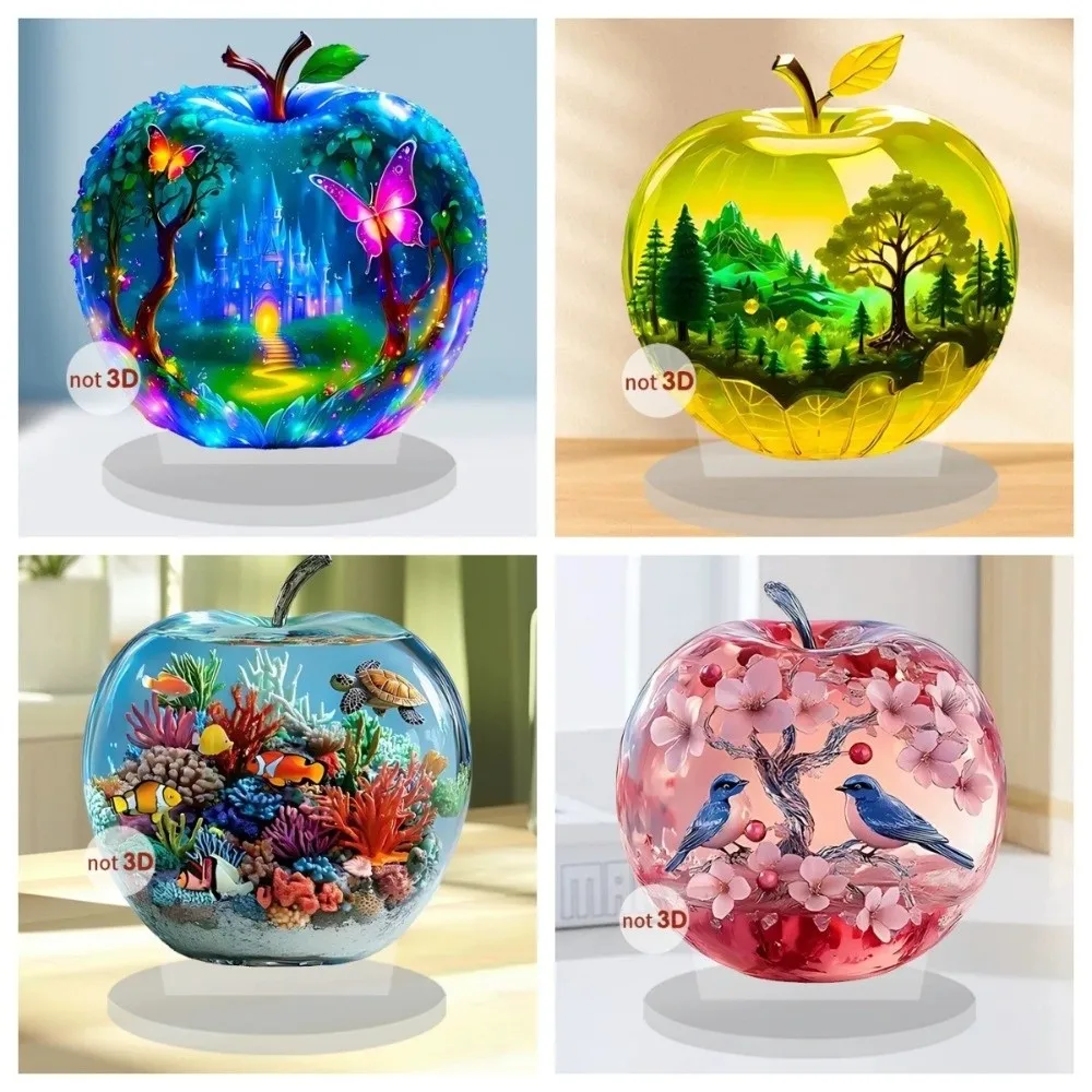 Trendy 2D Apple Shape Table Ornaments Acrylic Clear Flat Statue Decor Underwater World Landscape Pattern Crafts Gifts Home Decor