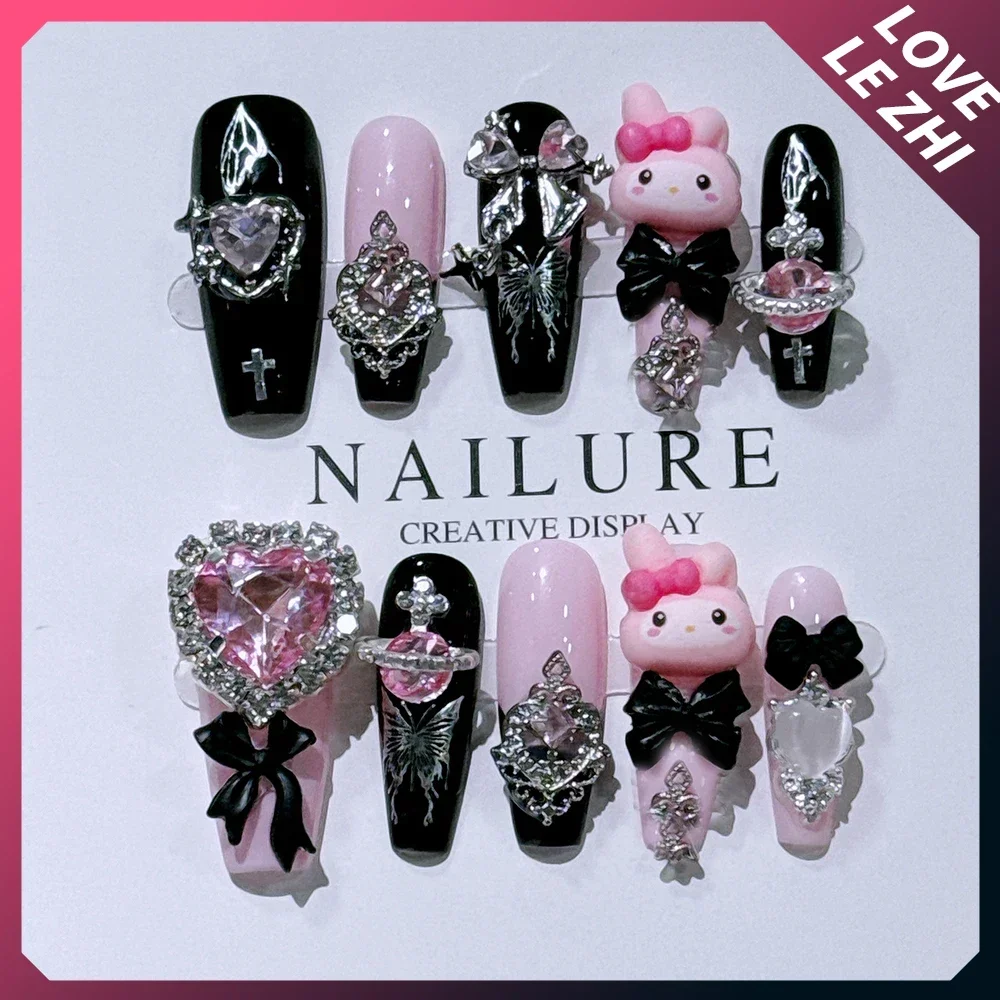 3D Long Coffin Sanriod Press On Fake Nails Bow Pearl Flowers Metal Love Mymelody Kuromi Handwork Full Cover Nail Tips Wholesale