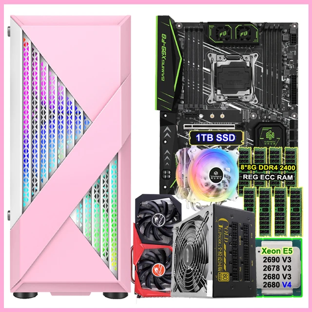 ゲーミングpc huananzhi X99-F8マザーボードxeon 2678 2690 V3 cpuクーラー8*8グラムram 1テラバイトM.2  ssd gpu GTX1660スーパー6グラム750ワットpsu pcケース - AliExpress