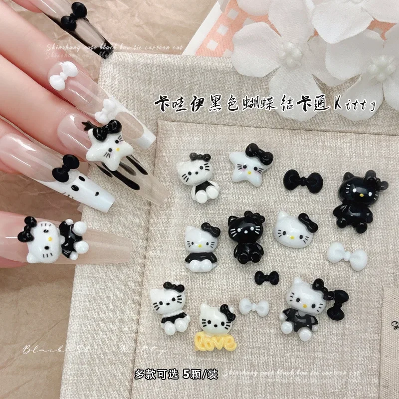 20pcs Large Black White Hello Kitty Nail Charms Cat Manicure Jewelry Cute Cartoon Kitty Cat Bow Nail Art Accessories