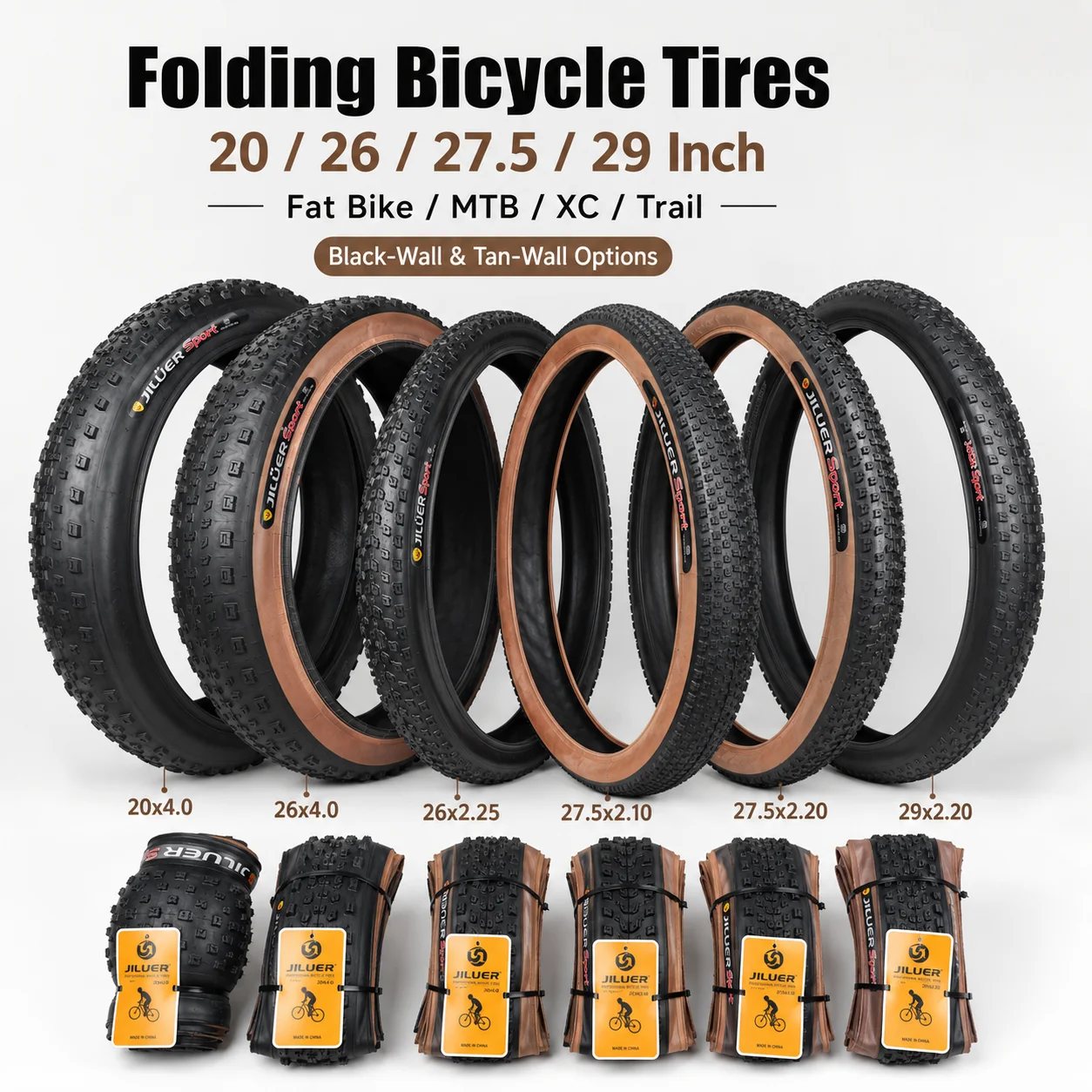 Opona składana JILUER do roweru 20x4.0 26x2.25/4.0 27.5x2.1/2.2 29x2.2 MTB Fat Bike, odporna na przebicia, składana opona do roweru górskiego XC, na śnieg, piasek, błoto.
