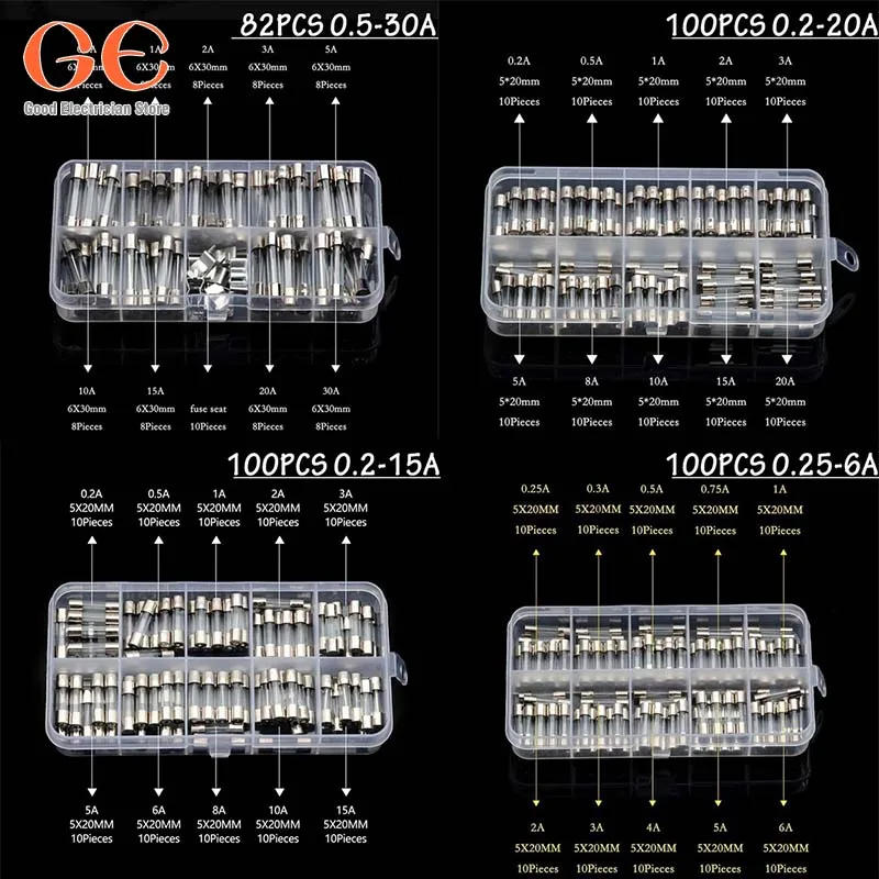 100Pcs 5*20 Fast-blow Glass Tube Fuses Household Fuses Car Glass Fuses Assorted Kit with Box Fusiveis 0.1A*30A Various kinds