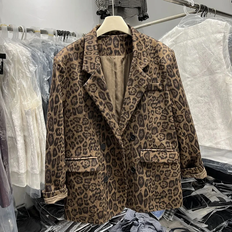 Fashion Leopard Print Blazer Women Autumn Loose Streetwear Double Breasted Casual Coat Korean Elegant Office Lady Suit Outerwear