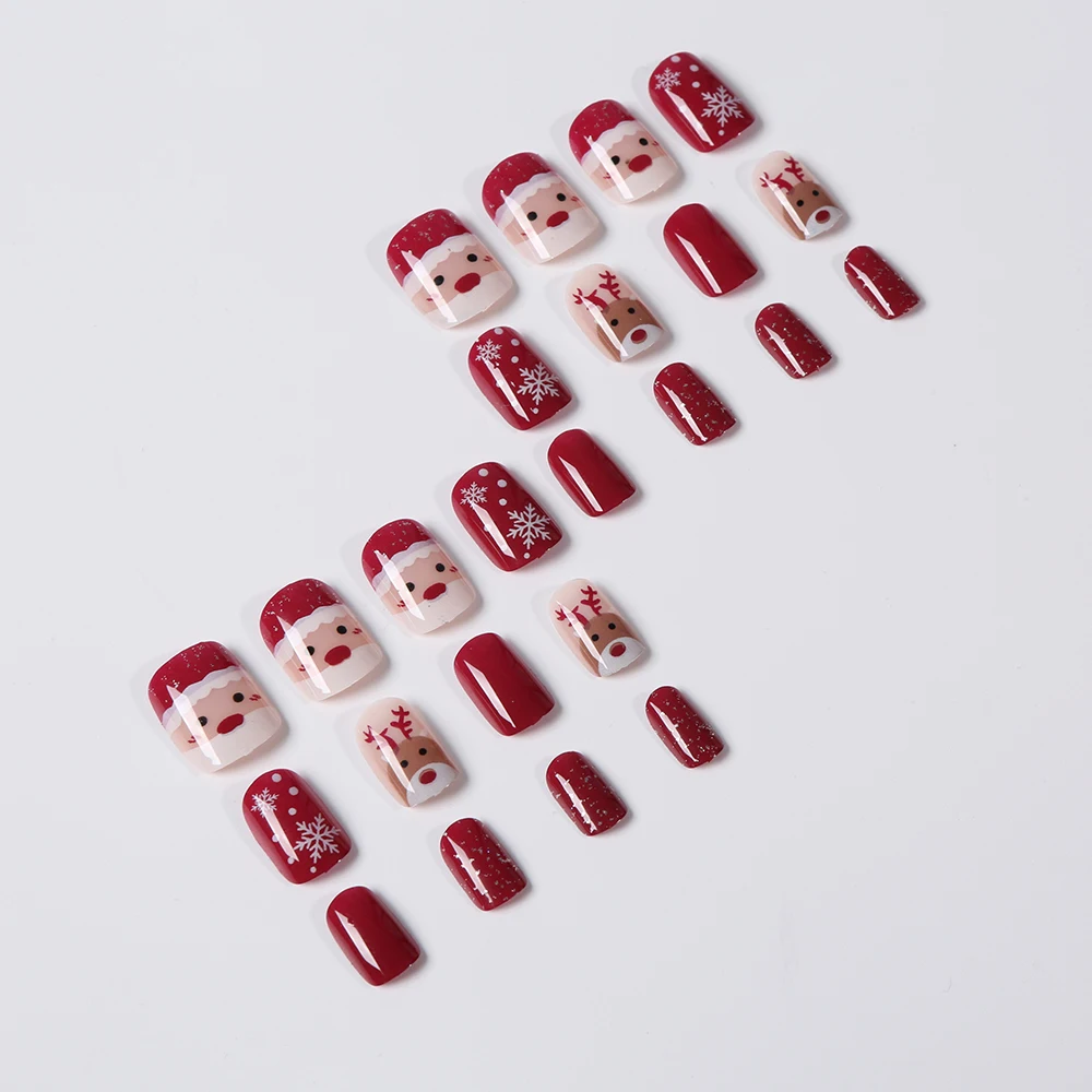 24 pièces mignon noël court carré presse sur ongles père noël Elk dessin animé faux ongles blanc flocon de neige brillant nouvel an faux ongles #