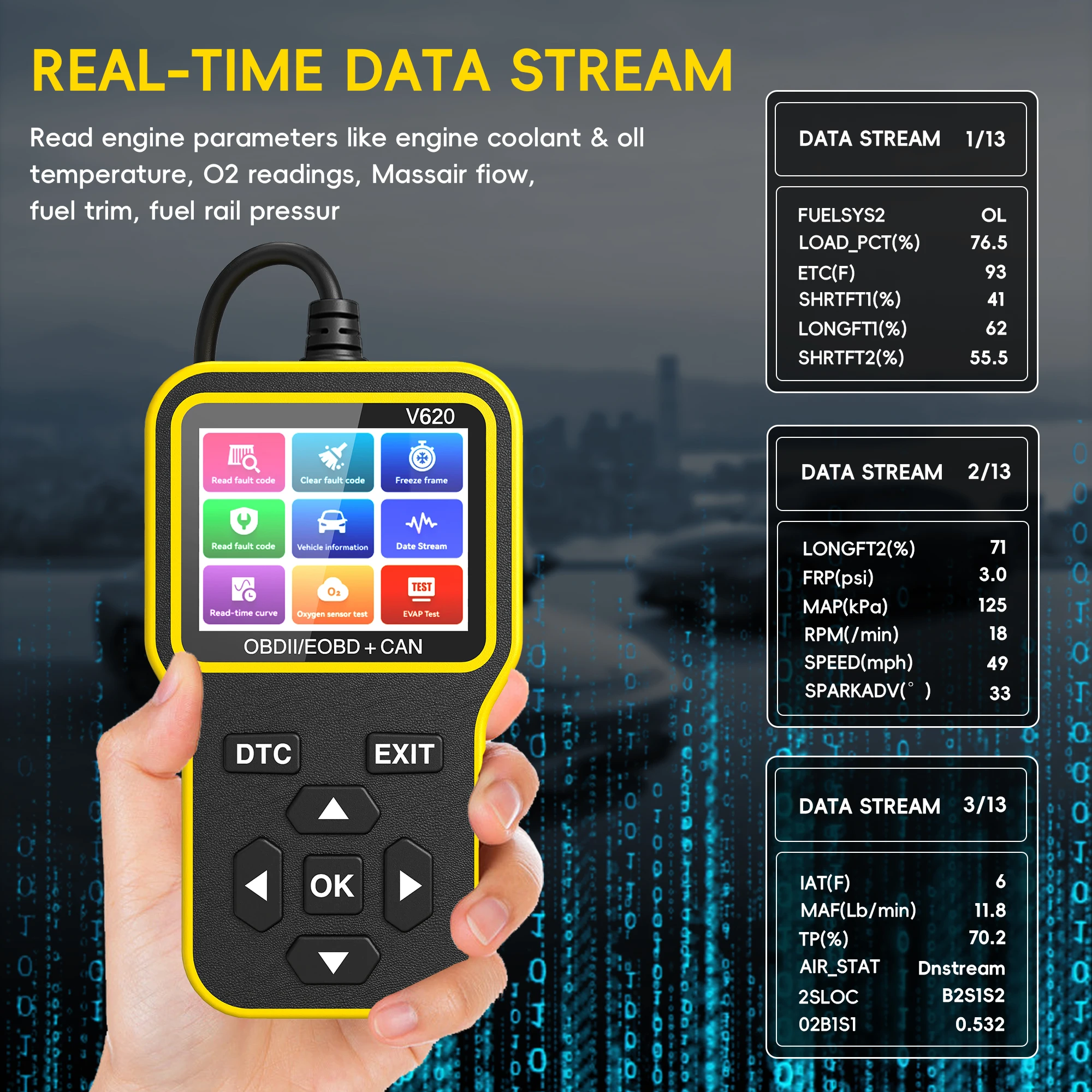 Car OBD2 Diagnostic Tools, Code Reader for Engine Check, Battery Testing, O2 Sensor and EVAP Leak Test, Annual Check Readiness