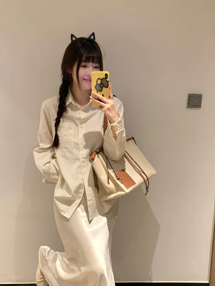 

Xiao en Meimei Embroidered Patchwork irt Spring Summer Loose Slimming Women's Top Korean Sle Cotton Blend Long Sve P...