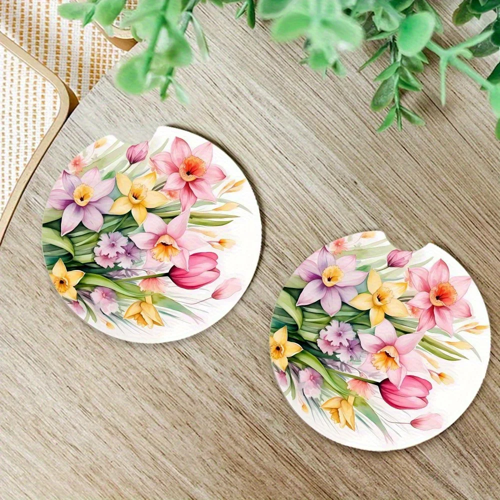 2pcs Valentine'S Day Floral Car Cup Holder - 7x7 Inch Acrylic, Heat-Resistant, Hand-Painted Tulip & Narcissus Design, Perfect Fo