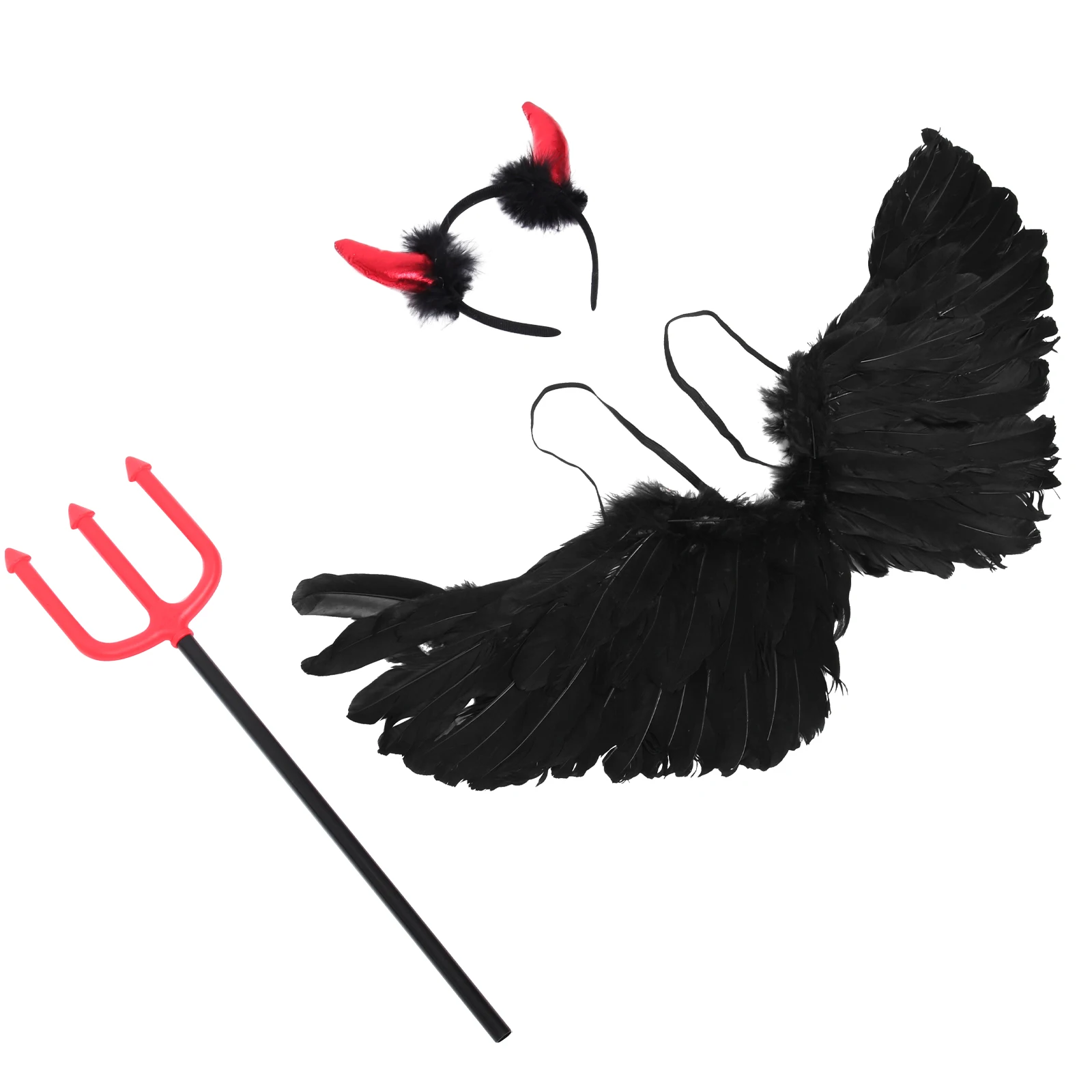

1set Black Wings Mini Ox Horn Headband Costume Halloween Trident Set for Halloween Party Supplies