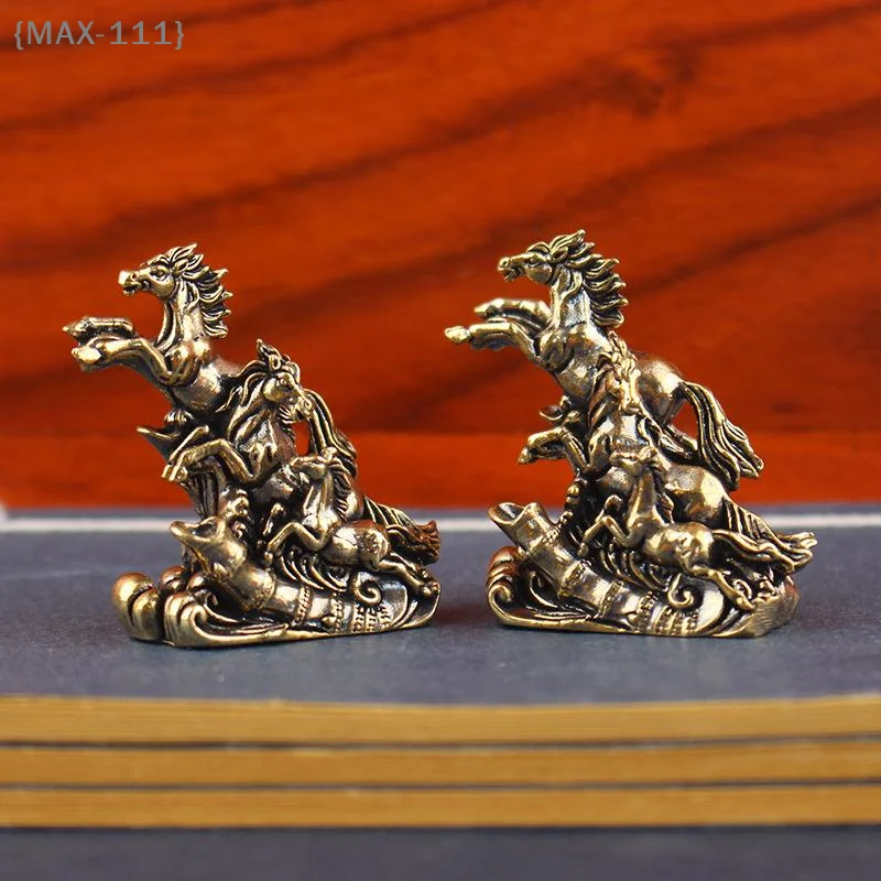 【F2-MAX111】Vintage Solid Brass Galloping Horses Statue - Feng Shui Chinese Figurine Retro Desktop Office Decor Collectible Art