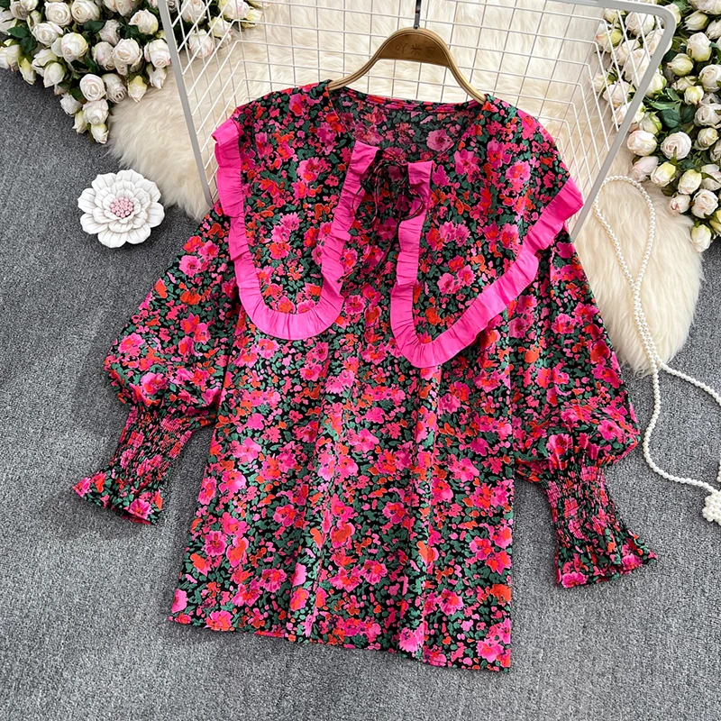 autumn 2023 Korean Version Sweet Ruffle Large Lapel Loose Long Sleeve Floral Shirt Women\'s Elegant retroTop Chic