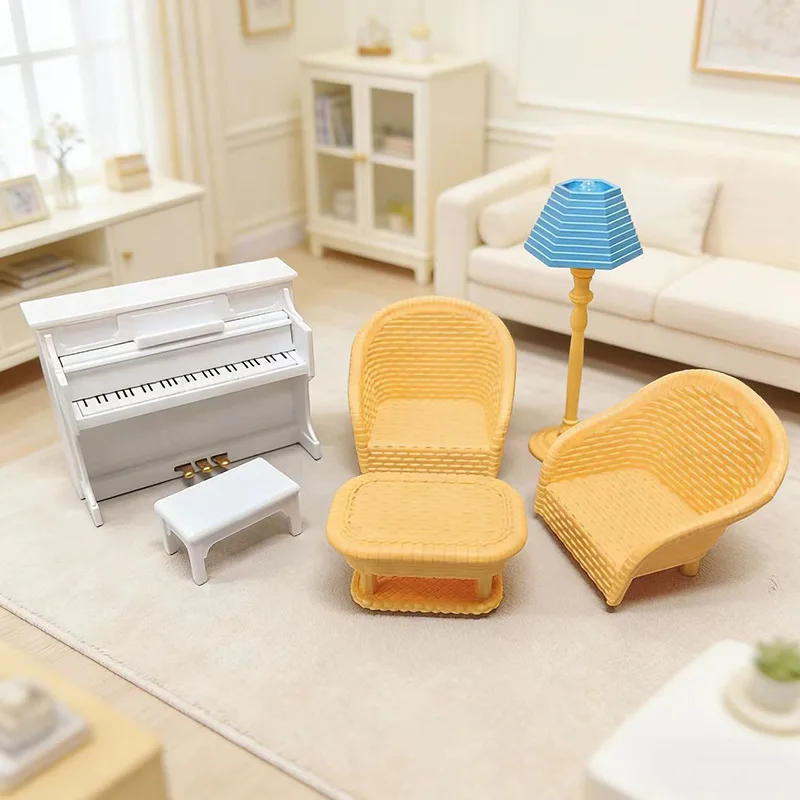 

Mini Rattan Sofa Dollhouse Furniture Kit, Mini Piano & Floor Lamp Model,Doll Living Room Decoration Kids Role Play Toy Accessory