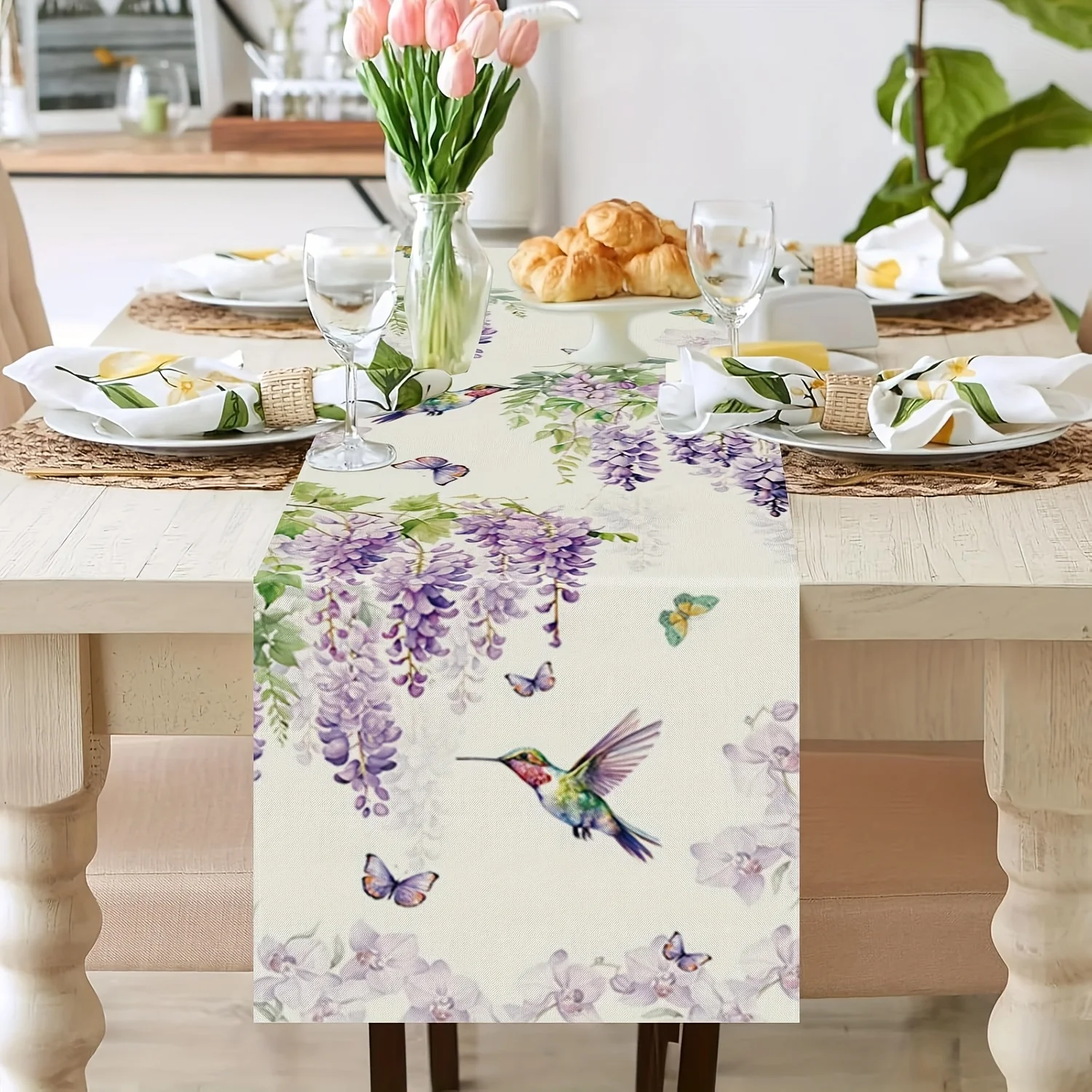 Spring Summer Lavender Hummingbirds Butterfly Linen Table Runner Wedding Decor Holiday Kitchen Dining Table Runners Party Decor