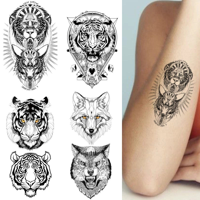 

Fox Tiger Lion Temporary Tattoo Stickers Black Letter Moon Totem Fake Tattoos Waterproof Tatoos Arm Women Men Body Art