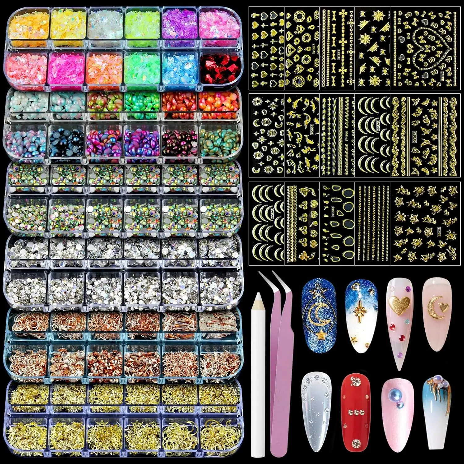 

Multicolor 3D Nail Art Studs Kit with Gold Stickers, Pearls & Tools for DIY Decoration