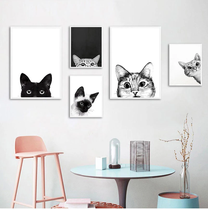 1pc frameless Funny Kitty Cat Black White Kids Nordic Posters And Prints Wall Art Canvas Painting Wall Pictures For Living Ro