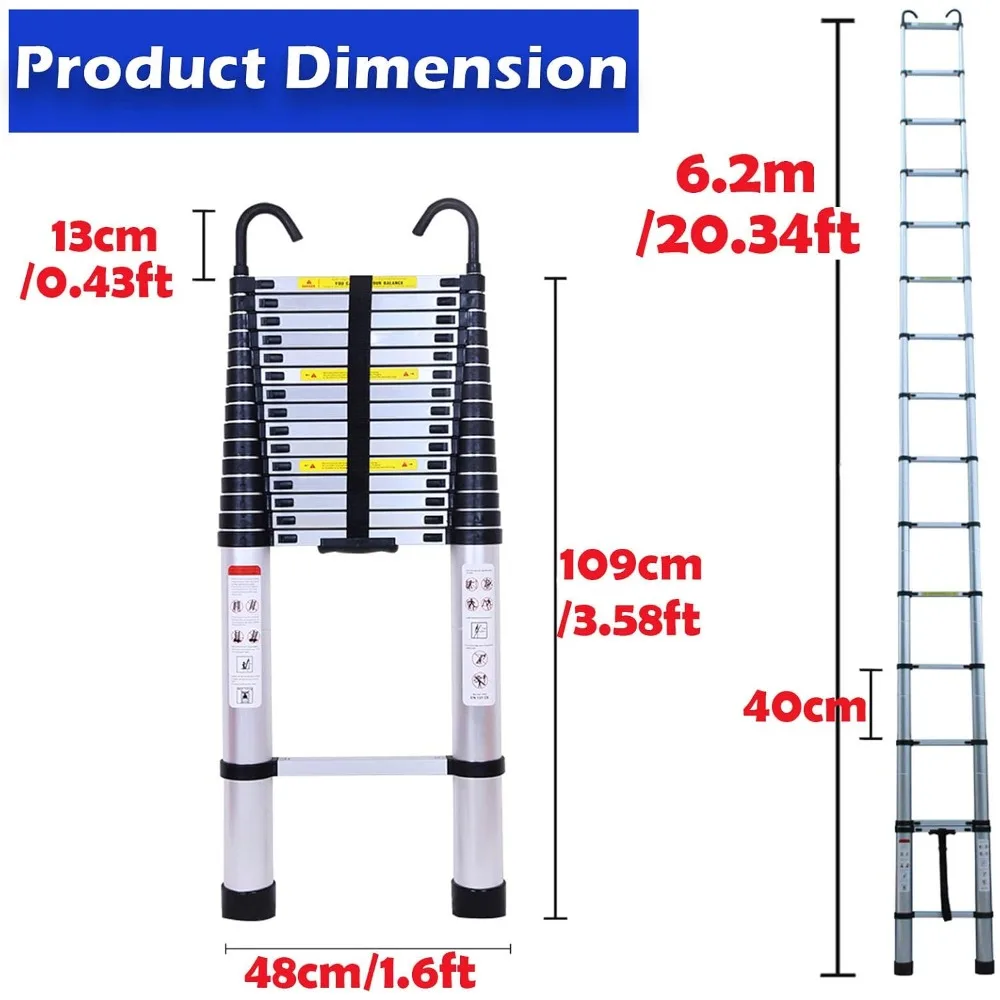 Telescopische ladder 20ft opvouwbare zolderladder met 2 afneembare haken Antislip rubberen voetjes Draagbare zware vouwladder