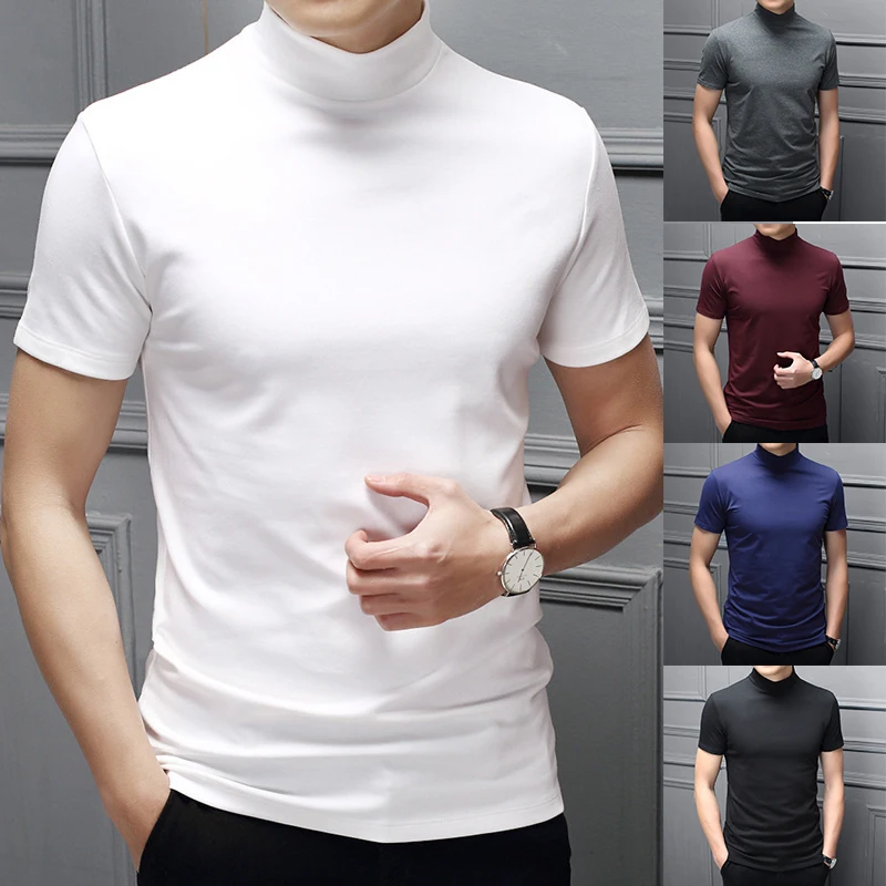 2023 New Trend Summer Men Half High Collar Mercerized Cotton Short Sleeve Slim Body T-Shirt Men Solid Color Modale High Collar